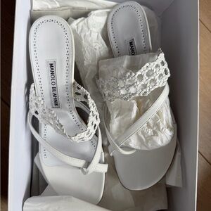 Manolo Blahnik White Braided Leather Slide Sandals